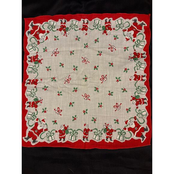 Scenic Santa & Gifts Border Vintage Christmas Handkerchief  Pocket Square - Picture 3 of 4